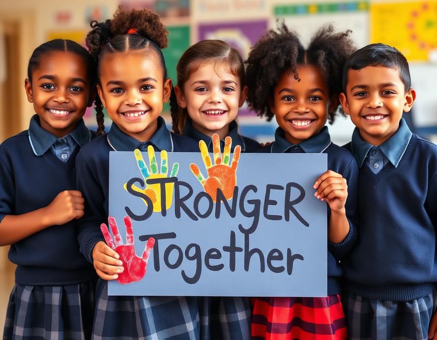 Children holding Stronger Together sign