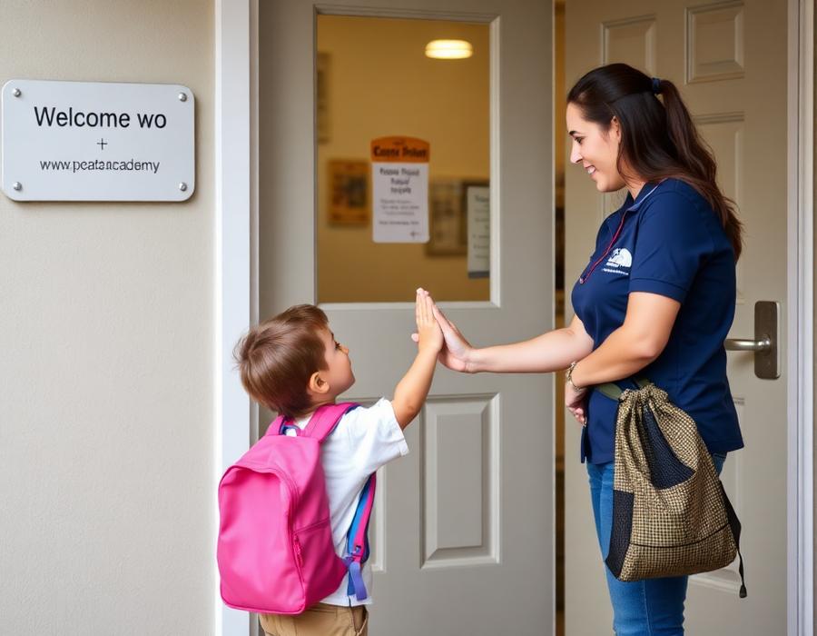 Teacher welcoming a child
